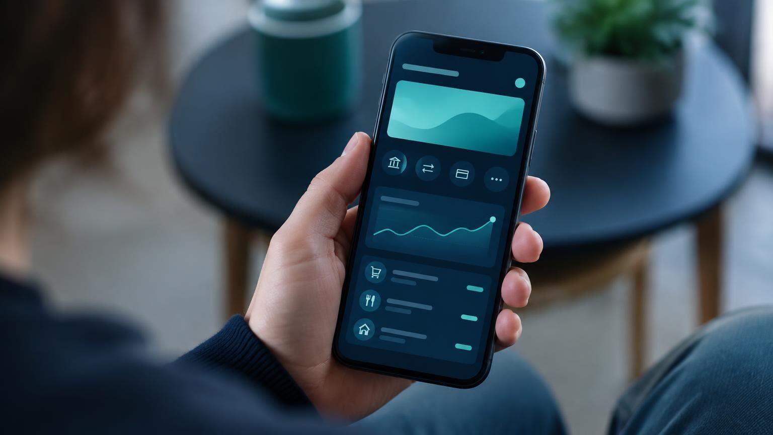 A traditional bank branch beside a smartphone banking app, illustrating two ways to access financial services